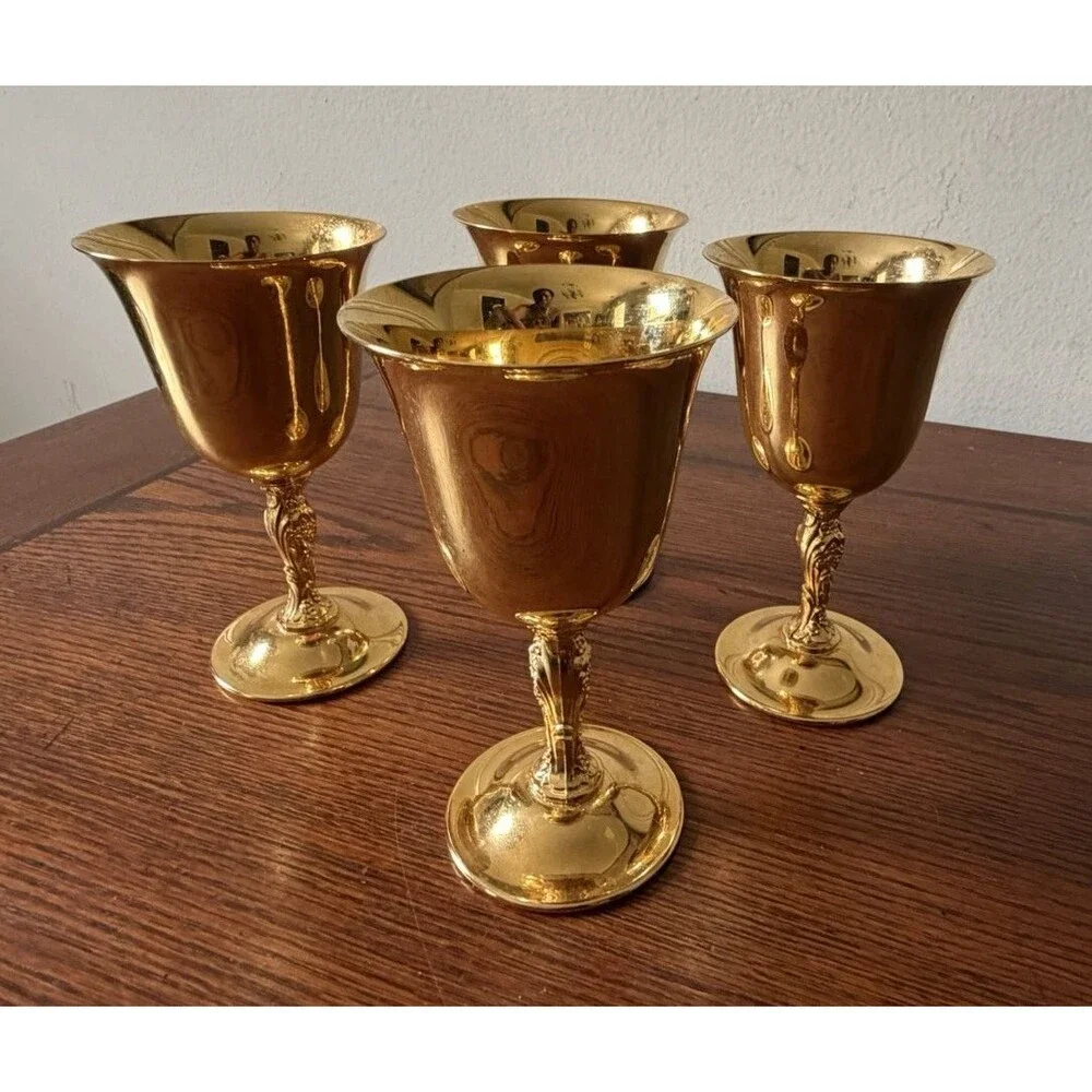 Set of 4 Vintage 24K Gold Plated Liqueur Cordial Goblets International Silver Co